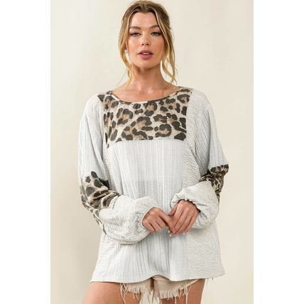 White Leopard Patch Puff Sleeve Textured Blouse