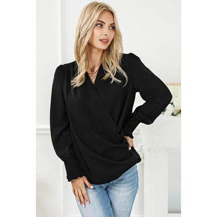 Black Solid Surplice Neck Shirred Cuffs Draped Blouse