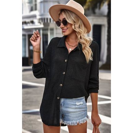 Black Waffle Knit Button Up Casual Shirt