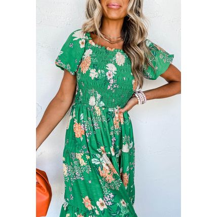 Green Floral Print Bubble Sleeve Smocked Tiered Midi Dress