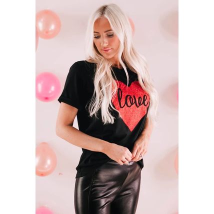 Black Love Heart Shaped Glitter Print T Shirt