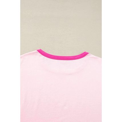 Pink Colorblock Patchwork Long Sleeve Loose Top