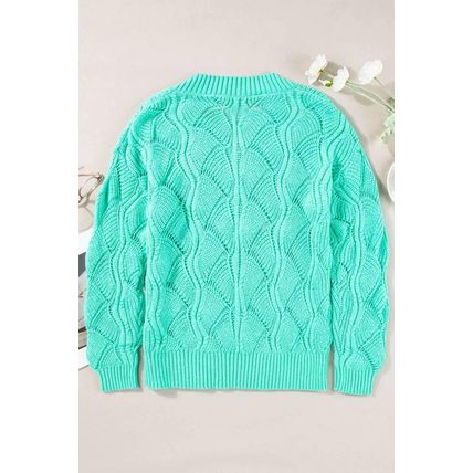 Mint Green Hollow Out Knit V Neck Drop Shoulder Sweater