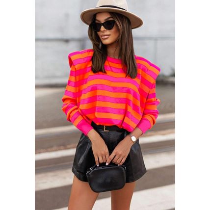 Rose Stripe Shoulder Pad Round Neck Sweater