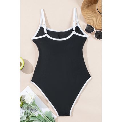 Black Contrast Trim Two Tone Belted One Piece Swimsuit