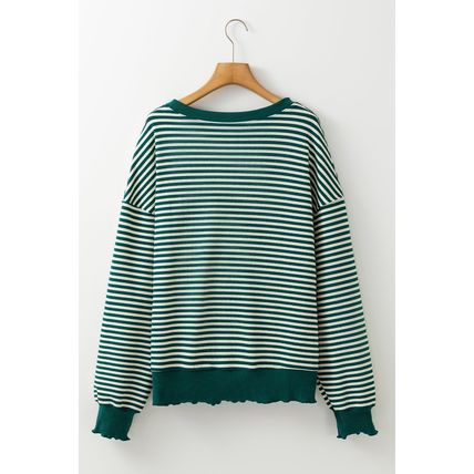Green Stripe Loose Drop Shoulder Long Sleeve Top