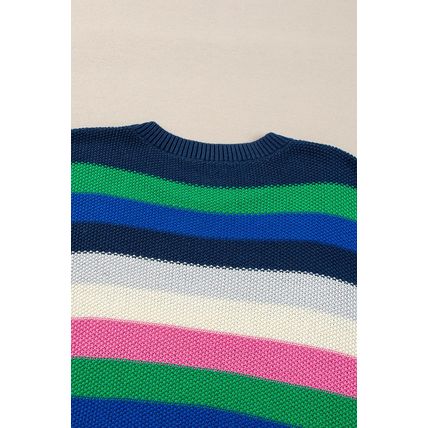 Bright Green Rainbow Striped Crew Neck Drop Shoulder Sweater