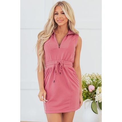 Mineral Red French Terry Zipped Collar Sleeveless Drawstring Waist Mini Dress