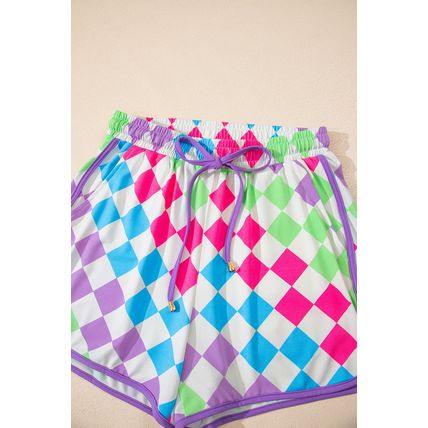 Multicolour Checkered Drawstring Elastic Waist Casual Shorts