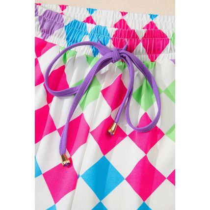 Multicolour Checkered Drawstring Elastic Waist Casual Shorts