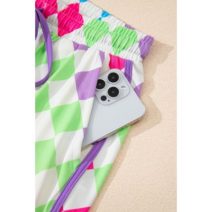 Multicolour Checkered Drawstring Elastic Waist Casual Shorts