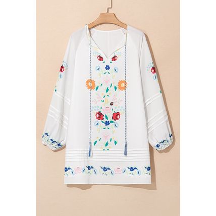 White Floral Print Boho Tassel Tie Split Neck Tucking Detail Puff Sleeve Mini Dr