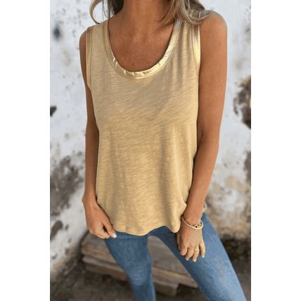 Tan Metallic Sheen Edge Scoop Neck Tank Top