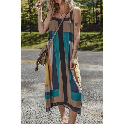 Brown Retro Geometric Printed Y Back Sleeveless Dress