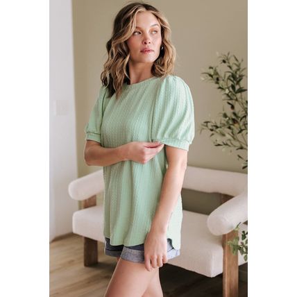 Mist Green Textured Round Neck Short Puff Sleeve Top