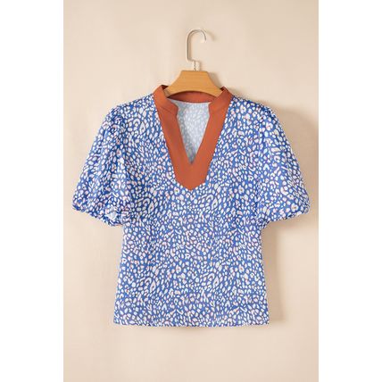 Ashleigh Blue Leopard Print Spot Contrast V Neck Half Puff Sleeve Shirt