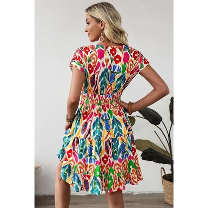 Sky Blue Abstract Print V Neck Dolman Sleeve Ruffle Tiered Mini Dress