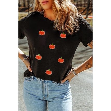 Black Chenille Pumpkin Patched Casual Cotton Blend T Shirt