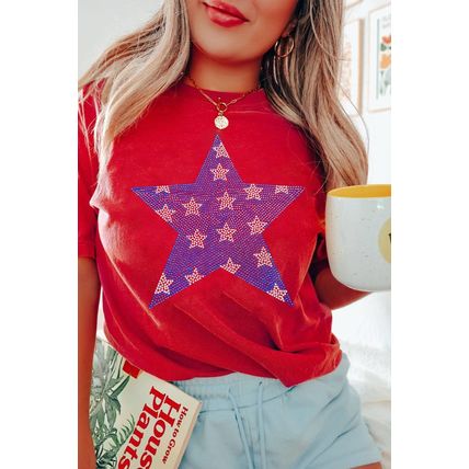 Red Rhinestone Star Pattern Independent Day T Shirt