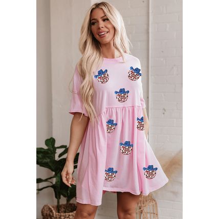 Light Pink American Flag Inspired Sequin Disco Ball Patched Shift Mini Dress