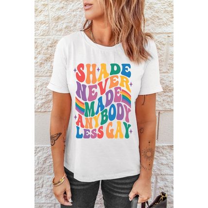 White SHADE NEVER MADE ANYBODY LESS GAY Pride Graphic Tee