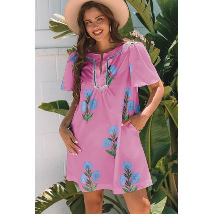 Rose Floral Short Sleeve Split Neck Loose Mini Dress
