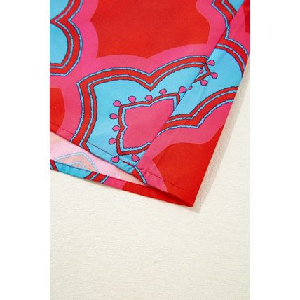 Red Abstract Floral Print Trimmed Flutter Sleeve Blouse