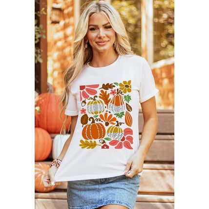 White Pumpkin Flower Print Fall Graphic Cotton Blend Tee