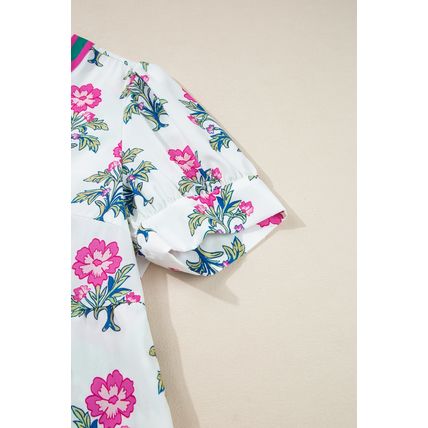 White Allover Print Contrast Split Neckline Short Puff Sleeve Curvy Dress