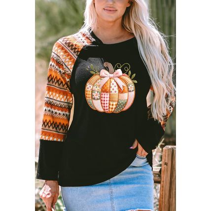 Orange Cute Pumpkin Graphic Geo Print Raglan Long Sleeve Tee