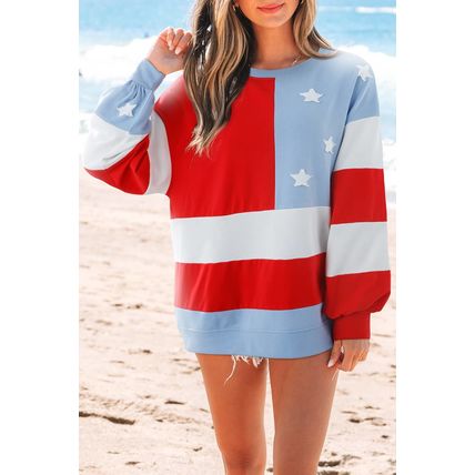 Multicolour American Flag Vintage Oversized Pullover Sweatshirt