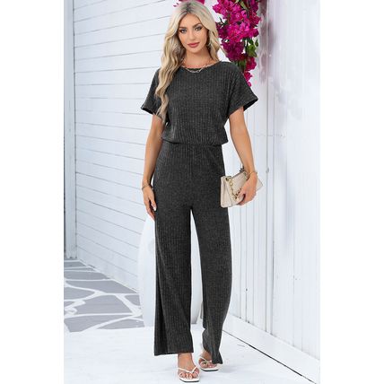 Dark Grey Ribbed Keyhole Short Sleeve Wide Leg Jumpsuit