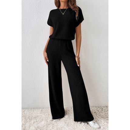 Black Ribbed Keyhole Short Sleeve Wide Leg Jumpsuit