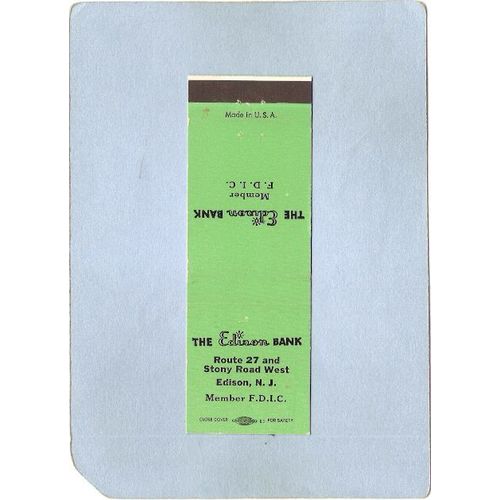 New Jersey Edison Matchcover The Edison Bank Rt 27 & Stony Road West w/Bra~3379