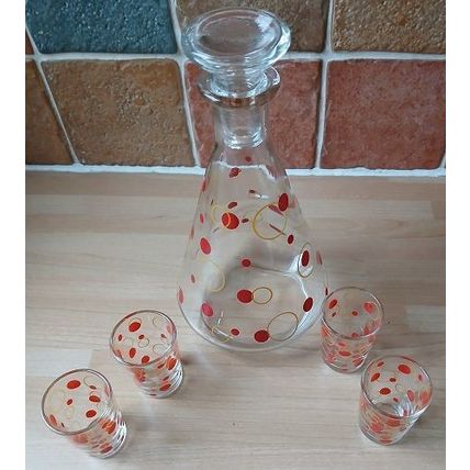 Red spot 'Atomic' Decanter with 4 shot glasses, retro, vintage, mid century
