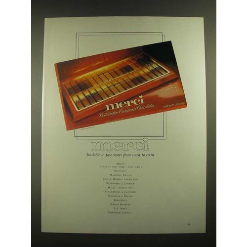 1988 Merci European Chocolates Ad - Available in Fine Stores Coast to Coast