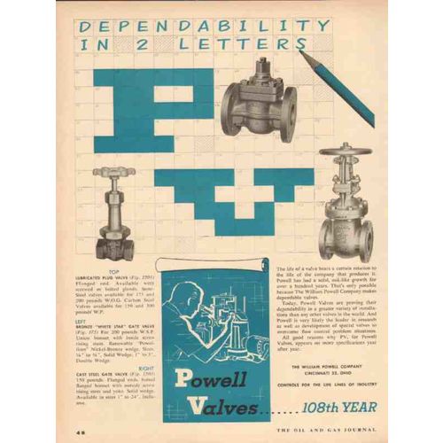 WM POWELL COMPANY 1954 PV dependability in 2 letters valves vintage ad