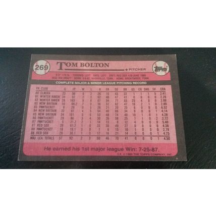 1989 Topps Card # 269 Tom Bolton Excellent (5) Boston Red Sox