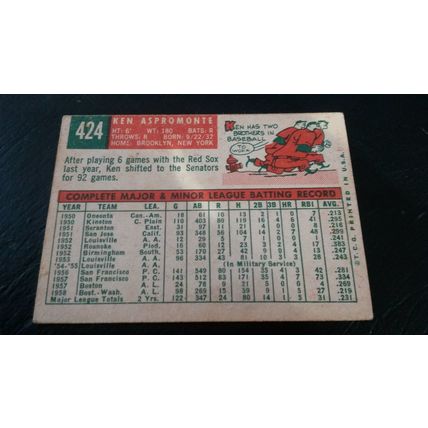 1959 Topps Card # 424 Ken Aspromonte Very Good (3) Washington Senators