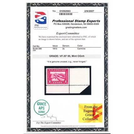 398, Mint VF/XF NH 2¢ - PSE Certificate Graded 85 * Stuart Katz