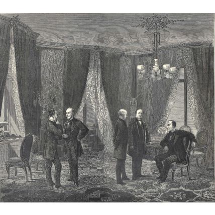 GENEVA ARBITRATION - ROOM IN THE HOTEL DE BEAU RIVAGE 1872 VICTORIAN ENGRAVING