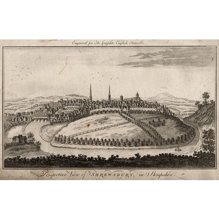 PERSPECTIVE VIEW OF SHREWSBURY, IN SHROPSHIRE 1771 Joseph Ryland ENGRAVING