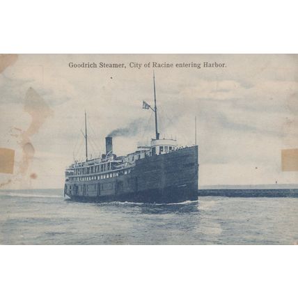 ZAYIX Great Lakes Steamer Goodrich Steamer City of Racine entering Harbor B & W