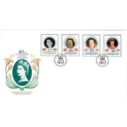 GUERNSEY 1992 40TH ANN ACCESSION QUEEN ELIZABETH II SET OF 4 ON FIRST DAY COVER