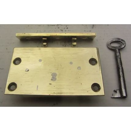 Old Box Chest Lock Victorian Brass 4 Lever Has 1 Working Key and Locking Plate