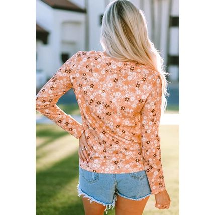 Orange Floral Knit Long Sleeve Top
