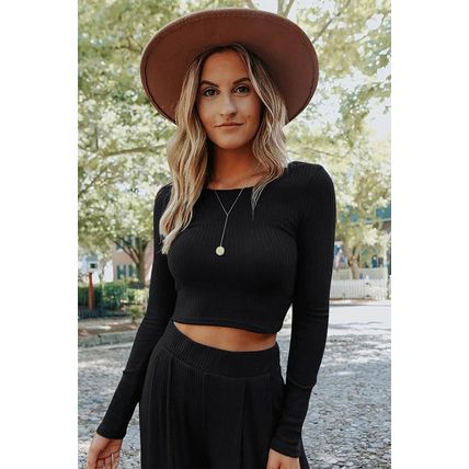 Black Solid Color Ribbed Crop Top Long Pants Set