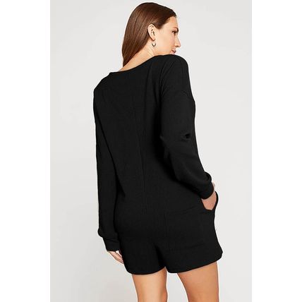 Black Brushed Ribbed Button Split V Neck Long Sleeve Romper