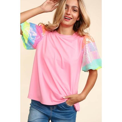 Pink Sequin Colorblock Striped Puff Sleeve Top