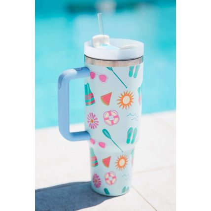 Light Blue Beach Day Fun Pattern Cup with Handle 40oz